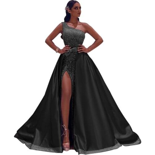 Females Dresses Women Bud Patchwork Dresses One Shoulder Sexy Sleeveless Girls Sequins Sweep Floor-Length Group Party Dresses