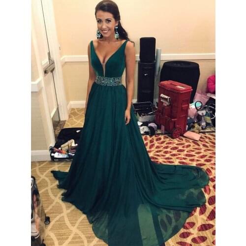 Pretty Emerald Green Prom Dresses V-neck Straps A-line Evening Dress Crystals Sash Lace Up Plus Size Party Dress Abendkleider