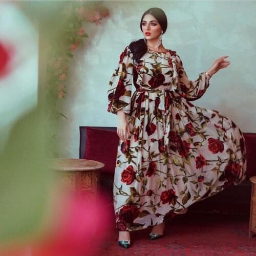 2021 Middle East Turkey Ruffled Rose Printed Bohemian Dress Muslim Clothing Women Islamic Dress New Maxi Modern Abaya Embroidery