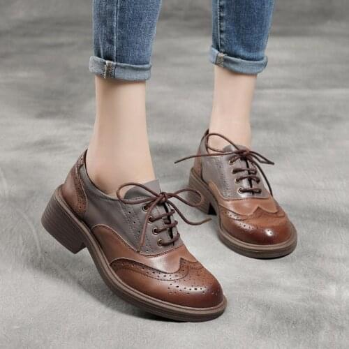 21 Spring New Retro Leather Small Leather Shoes Female British Style Lace Up College Style Mid-heeled Leather Single Shoes