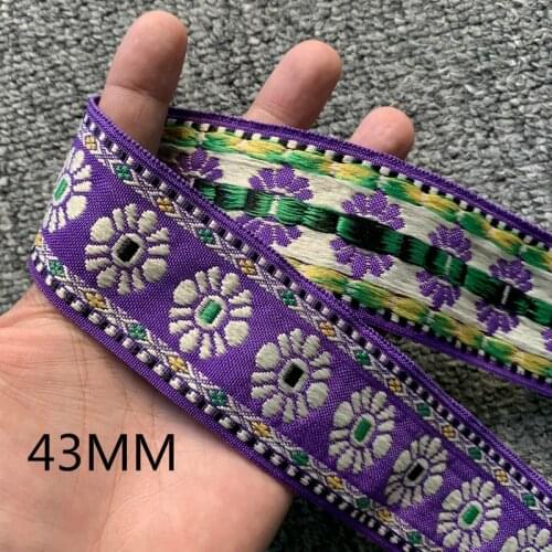 3 YARD 43MM Golden Flower Purple Base Embroidered Ribbon National Lace