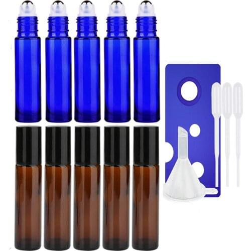 10pcs 10ml 0.34oz Amber Glass Roll on Bottles with Stainless Steel Balls Empty Leakproof UV Protection for Essential Oil