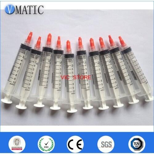 Free Shipping 10Sets 10ml/cc Plastic Syringe With Red Luer Lock Syringe Tip Cap Stopper