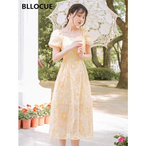 BLLOCUE 2020 Summer Women Retro Sexy Split Dress Sweet Light Yellow Square Collar Puff Sleeve Floral Daisy Dress Vestidos