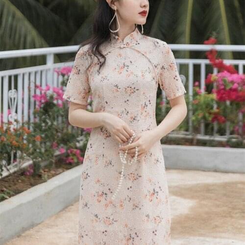 Elegant Vintage Cheongsam Women Summer 2021 Modern Fashion Girl Improved Qipao Ladies Chiffon Hollow Flower Embroidered Dresses