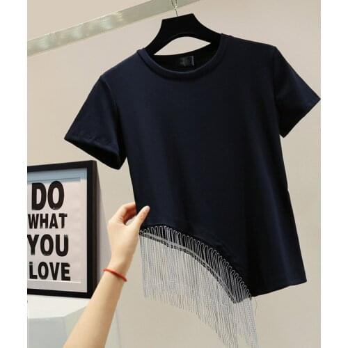 2020 Summer Black T-shirt for Women Personality Tassel Bead Stretch Casual Short-Sleeved T-shirt Female Summer Top Black Tshirt