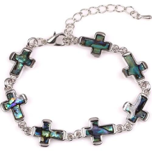 FYJS Unique Silver Plated Link Chain Stackable Cross Abalone Shell Bracelet for Prayer Meditation Jewelry