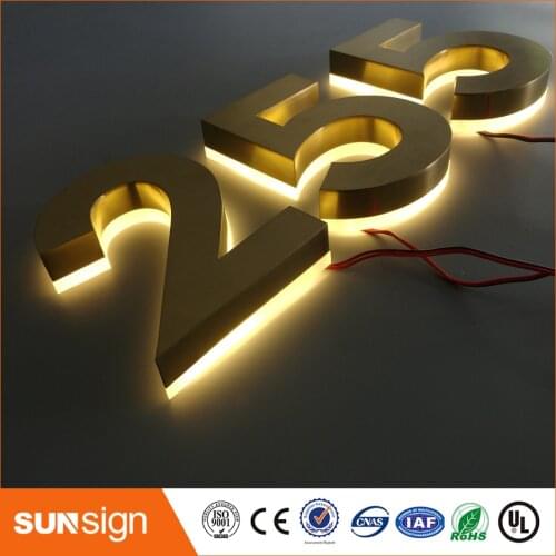 H 25cm light Golden halo-lit letter stainless steel channel letter with acrylic back for outdoor house door numbers