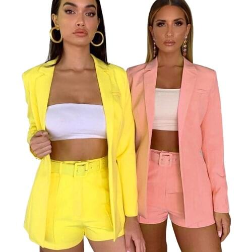 Blazer Shorts Set Without Belt 2021 Summer Thin Suit Women Blazer Office Solid Suits Orange Long Sleeve Fashion Two Piece CX1588