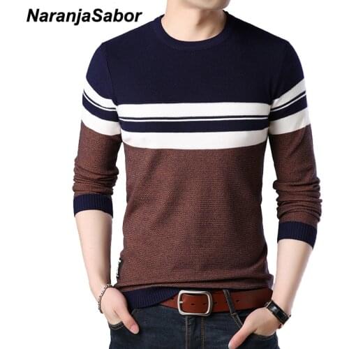 NaranjaSabor Mens Pullover Autumn Wool Slim Fit Knitted Sweater O-Neck Striped Mens Brand Clothing Casual Pull Homme 4XL N517
