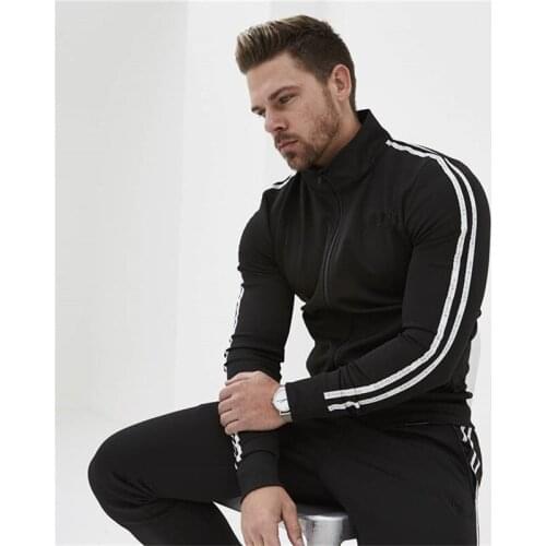 Mens Sports Suit Stripe Patchwork Long Sleeve Stand Collar Cardigan Jacket With Drawstring Sports Trousers