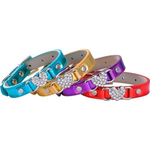 PU Leather Pet Dog Collar Bling Crystal Heart Accessory Adjustable Puppy Choker Necklace Small Pet Supplies Size S/M