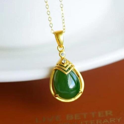 Natural Hetian Jade Green Jade Pendant Womens Small Water Drop Jade Necklace Necklace Female Silver Clavicle Chain Simple Elega