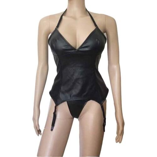 Sexy Womens Black Faux Leather Halter Neck Bustier Corset Lace Up Bodysuit with Garter Belt G-String Mistress Fetish Costume