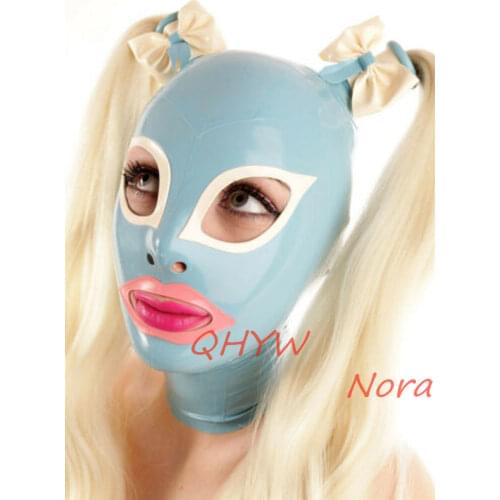 Sexy Exotic Lingerie Latex Rubber Chiffons Face Mask Hoods Hood with Bows&wigs Party Club Fetish Love Live Cosplay