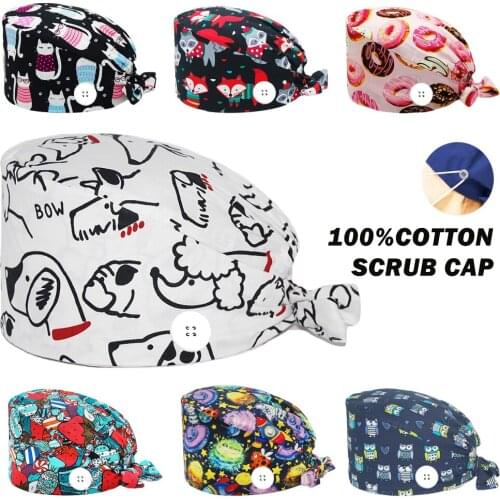 Scrubs Cap 100% Cotton Dogs Printing Adjustable Nursing Hats Beauty Salon Pet Shop Working Accessories Anime Scrub Hat Women Men