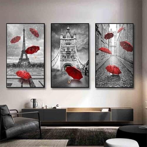 Modern Painting Art Building and Red Umbrella Posters and Prints Canvas Painting Wall Art Pictures for Living Room Decor Cuadro