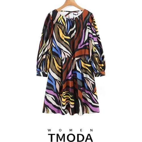 TMODA1438 Za 2021 Summer Fashion Women Colorful Animal Print Loose Dress Female Long Sleeve Back Bow Ladies Chic Mini Dress