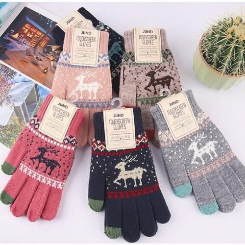 Knitted Thick Gloves Warm Winter Christmas Deer Printed Full finger Gloves Touch Screen Gloves Outdoors Thicken Wool Mittens
