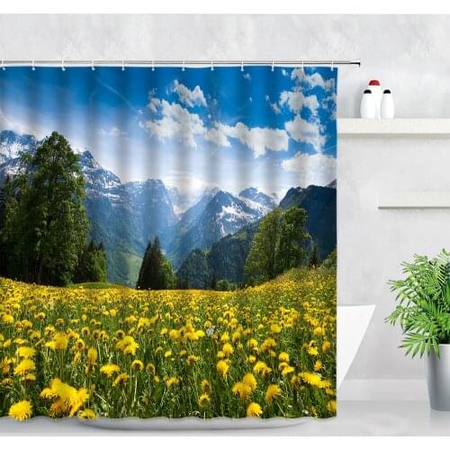 Yellow Flowers Rural Landscape Shower Curtain Mountain Trees Green Plants Natural Scenery Bathroom Decor Cloth Bath Curtains Set