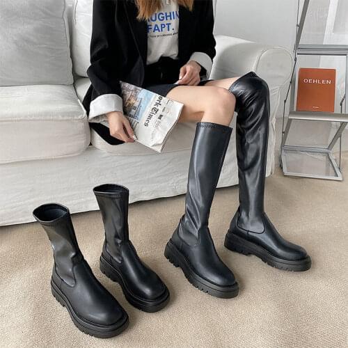 Fashion Long Boots Chunky Heel Female Slip-on Stretch Leather Autumn Winter Ladies Platform Shoes British Style Women Boots 2021