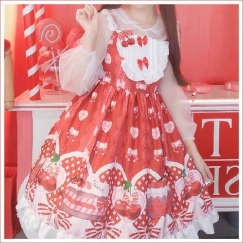 Lolita Style Women Sweet Sundress Suspenders Pink Wine Red Strawberry Printed Sleeveless Dress Bow Ruffles Cute Kawaii JSK Dress