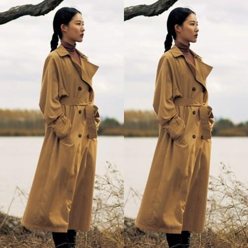 Korean Style Loose Oversized X-Long Womens Spring Trench Coat with Belt Solid Double-Breasted Turn Down Collar Jacket