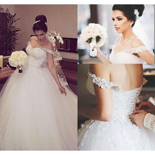 Wedding Dresses Ball Gown 2021 Beaded Handmade Flower Gown Off the Shoulder White Vestido De Novia Court Train Bridal Dresses