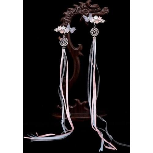 1pair Archaistic Exquisite Bowknot Flower Hairclip Set Korean Fairy Dress Accessories Long Ribbon Tassels Women Headwear BN