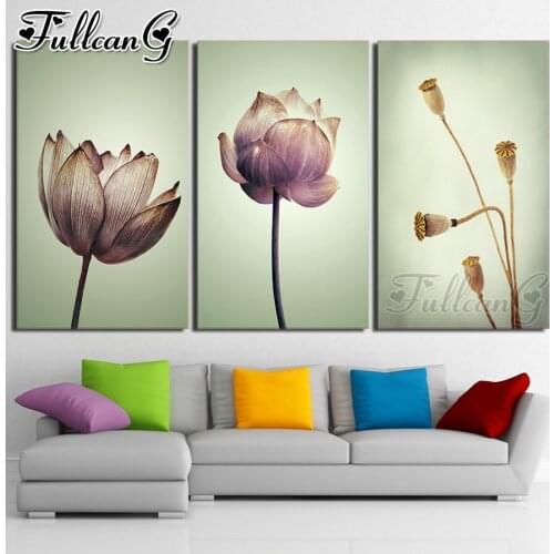 FULLCANG 5d diy diamond embroidery sale lotus flower diamond painting triptych full square round drill home decoration FC3093