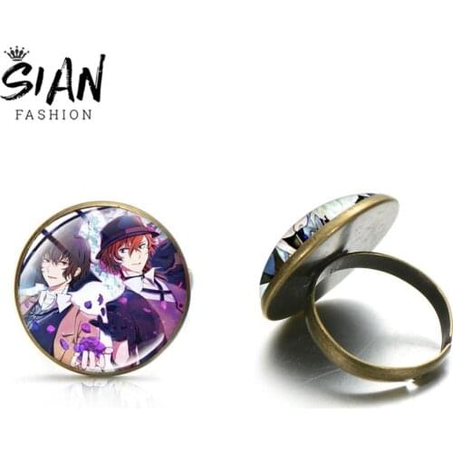 SIAN Bungo Stray Dogs Dazai Osamu Ring Anime Photo Round Glass Dome Adjustable Ring Cosplay Men Women Party Jewelry For Friends