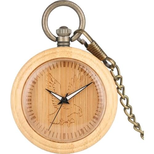 Retro Bamboo Large Pocket Watch For Men Unique Eagle Pattern Dial Bronze Chain Wooden Pendant Watch Women Gift zak horloge