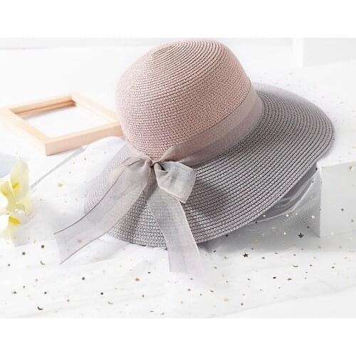 FashionTwo-color Patchwork Striped Bowknot Summer Sun Hat Women Straw Beach Hat Large Brimmed Hat