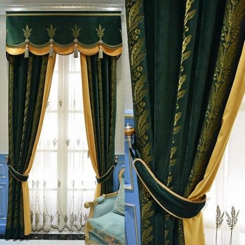 Custom Light Luxury American for Living Room Bedroom Curtains French Palace Flannel Gold Leaf Embroidery Dark Green Curtains
