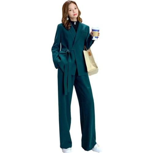 Suit suit womens new autumn Korean style temperament fashion casual Lace up professional small suit wide leg pants Two-piece