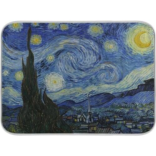 Starry Night Van Gogh Oil Painting Kitchen Dish Drying Mat Microfiber Non-slip Water Absorbent Quick Drying Tableware Pad Mat