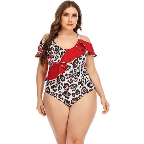 Leopard Print Plus Size One Piece Swimsuit 2021 Women Bodysuit Off Shoulder Swimwear Female Ruffles Bikinis for Fat Bathing Suit