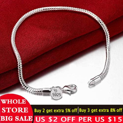 LMNZB With Certificate 100% 925 Solid Silver 3mm/4mm Snake Chain Bangle & Bracelet 20CM Bracelet Fine Jewelry for Women LHB001