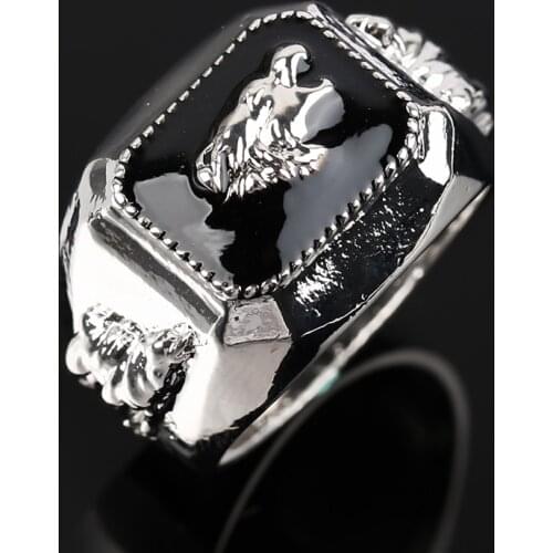 ZHIXUN Silver Plated Black Enamel Wild Wolf Head Super Big Band Ring For Mens Punk Party Jewelry Gift US size 7-14