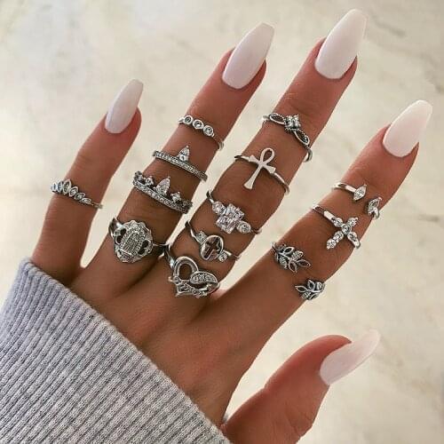 Docona 14pcs Vintage Crystal Cross Heart Rings Set for Women Silver Color Leaf Crown Knuckle Finger Rings Female Jewelry Anillos