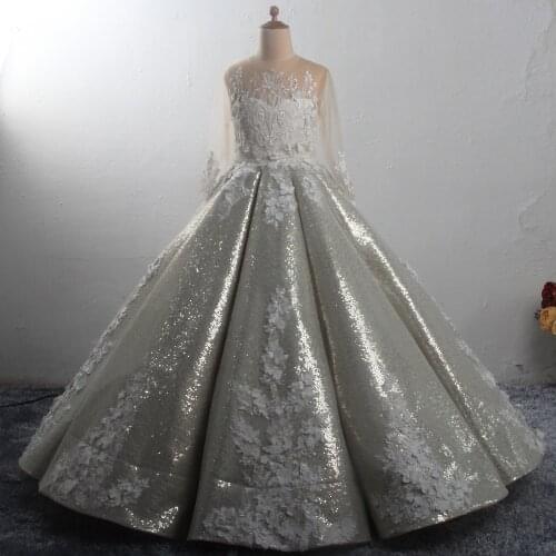 Long Sleeves Silver Sequins Flower Girl Dress for Wedding Lace Appliques Holy First Communion Dress