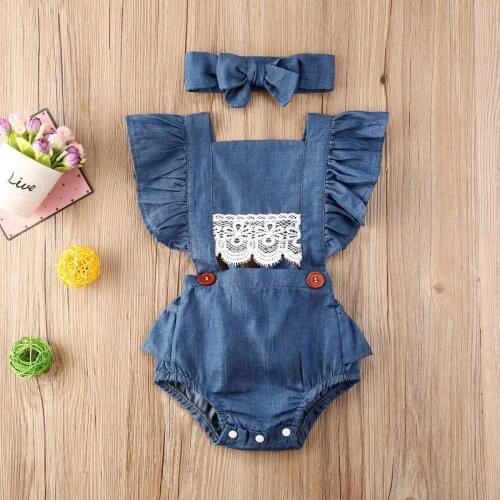 Pudcoco Newborn Baby Girl Clothes Solid Color Sleeveless Ruffle Lace Flower Denim Romper Jumpsuit Headband 2Pcs Outfits Sunsuit