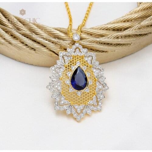 Renaissance 18K Gold Tone Lacy Teardrop Gemstone Pendant 925 Silver Honeycomb Filigree Vivid Floral Retro Necklace C11N3S25665