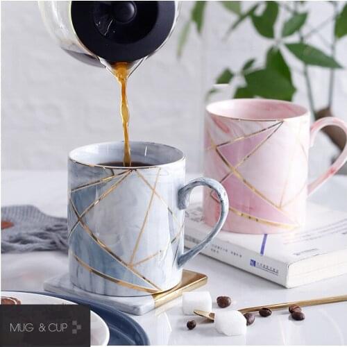 Handpainted Gold Stripe Marble Porcelain Coffee Mug Cup With Lid Set Tea Milk Ceramic Cups and Mugs Creative Wedding Gift
