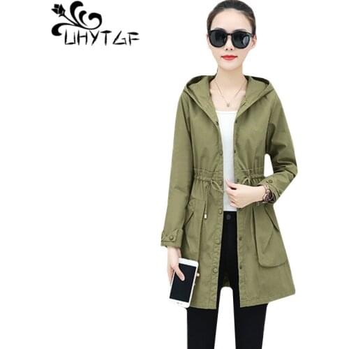 UHYTGF Fashion women trench coat Mid-length Mid-length Hooded spring autumn tops outerwear New Lace-up Slim Plus size coats 1479