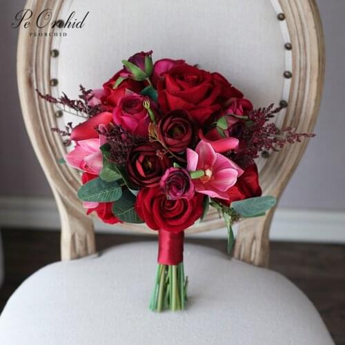 PEORCHID Vintage Real Touch Burgundy flower Bouquet Wedding Bridal Bouquet Rose Calla lily fleurs Artificielles Red Fake Bouquet