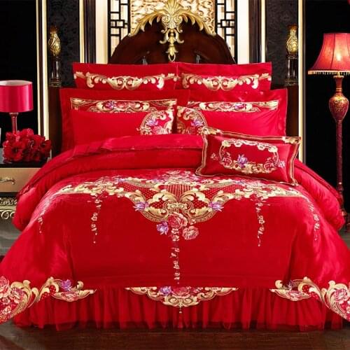Embroidered Luxury classical Bedding Set satin Cotton Silky 4/6/9pcs King Queen Size wedding Bed Set Duvet Cover Bedspread set