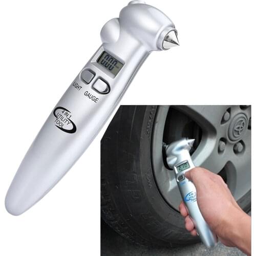 High Quality Accuracy Multifunctional Auto Tire Pressure Gauge Safety Hammer Flashlight LCD Digital PSI KPA BAR Pressure meter