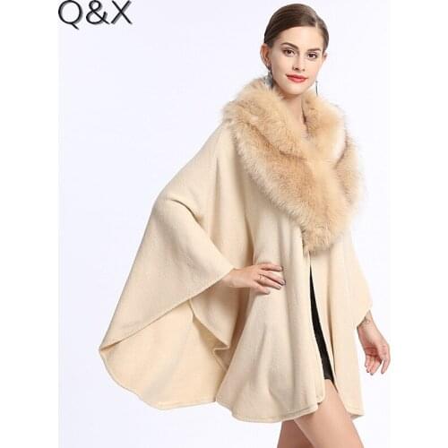 2018 Fashion Solid Color Pashmina Knitted Shawl Women Big Faux Fox Trim Collar Fake Cashmere Loose Poncho Cape Sweater
