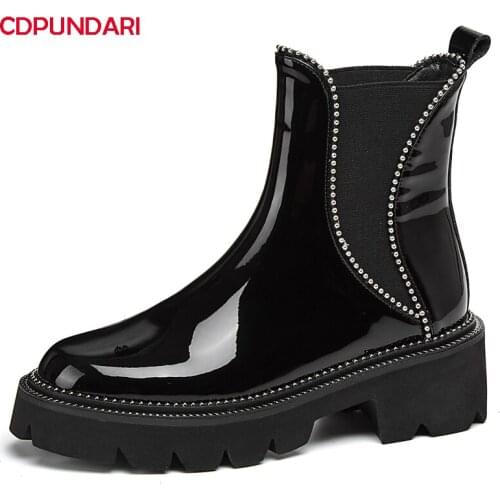 Ladies Black Genuine Leather High Heels Platform Ankle Boots Women Autumn Winter Chelsea Short Boots Shoes Bottes Plateforme